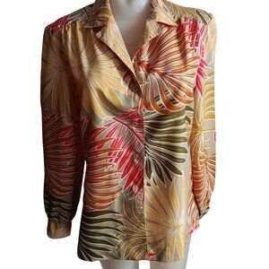 Vintage Women's Medium Hawaiian Polyester Tropical Print Button-Up Blouse Top